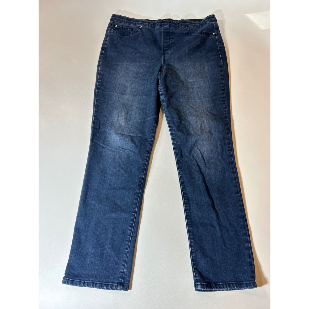 Kim Rogers Pull On Jeans Womens 14 Blue Excellent Straight Leg Dark Wash Stretch